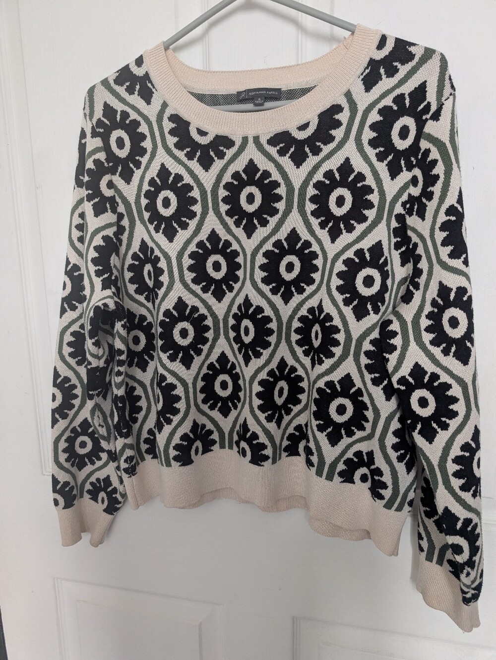 Adrianna Papell Cottage core Printed Crewneck Sweater in Cream & Black